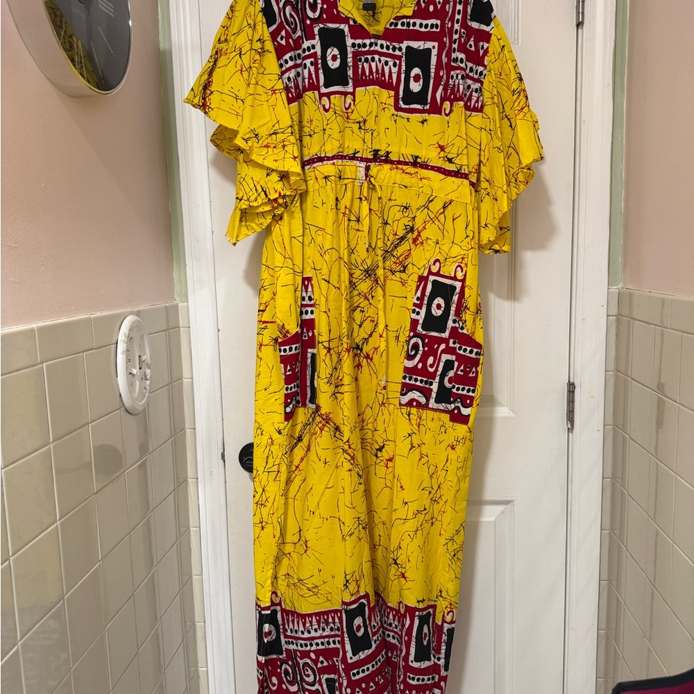 Afghanian  style  Vibrant Yellow and Red Patterned Maxi Dress new handmade